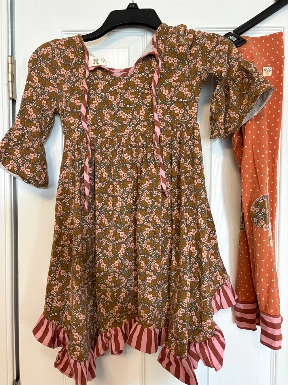 Wild Flowers No 6 Girls Floral Ruffle Dress with Rust Polka Dot Leggings